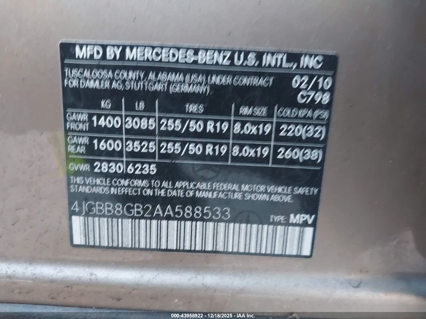 2010 Mercedes-Benz Ml 350 4Matic VIN: 4JGBB8GB2AA588533 Lot: 43958922