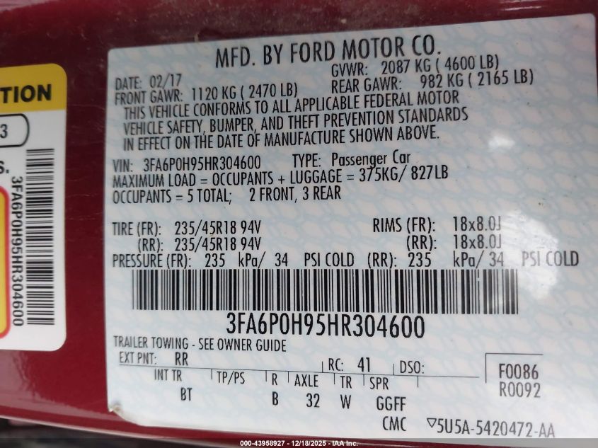 2017 Ford Fusion Se VIN: 3FA6P0H95HR304600 Lot: 43958927