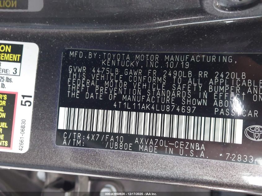 2020 Toyota Camry Le VIN: 4T1L11AK4LU874697 Lot: 43958928