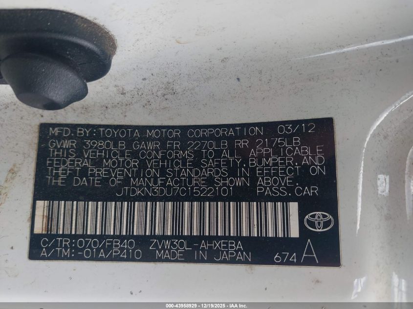 2012 Toyota Prius Two VIN: JTDKN3DU7C1522101 Lot: 43958929