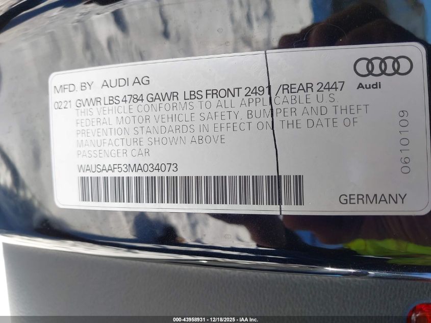 2021 Audi A5 Premium 45 Tfsi Quattro S Tronic VIN: WAUSAAF53MA034073 Lot: 43958931