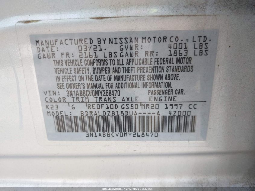 2021 Nissan Sentra Sv Xtronic Cvt VIN: 3N1AB8CV0MY268470 Lot: 43958934