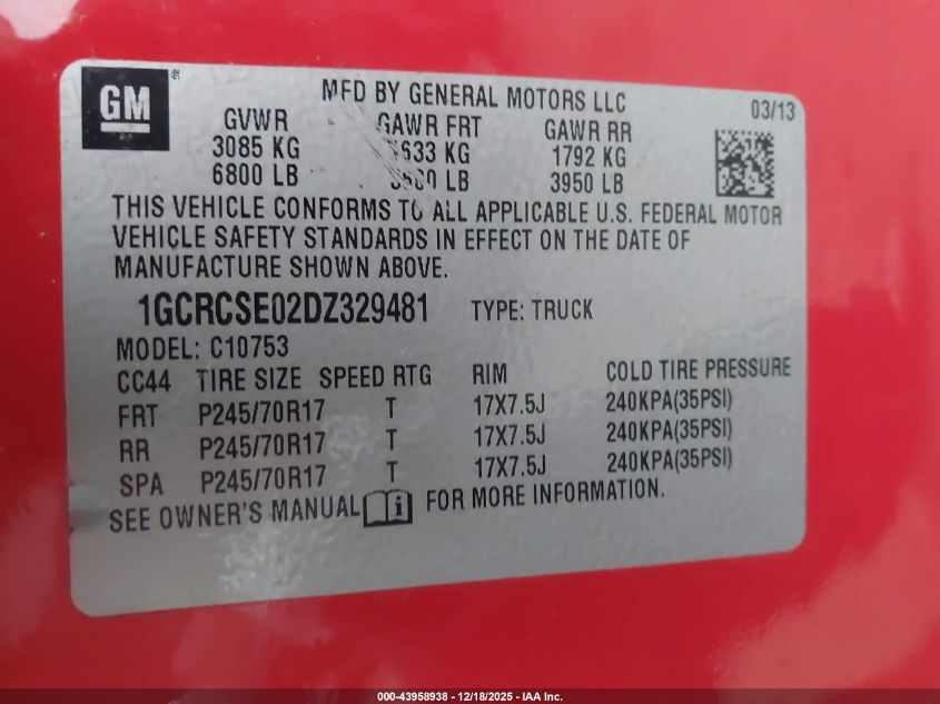 2013 Chevrolet Silverado 1500 Lt VIN: 1GCRCSE02DZ329481 Lot: 43958938