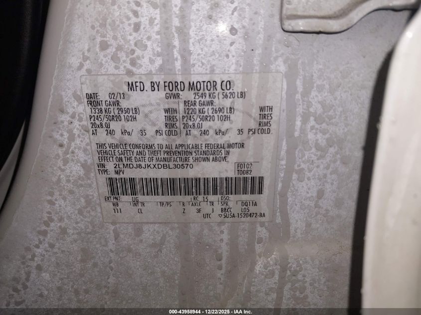 2013 Lincoln Mkx VIN: 2LMDJ8JKXDBL30570 Lot: 43958944