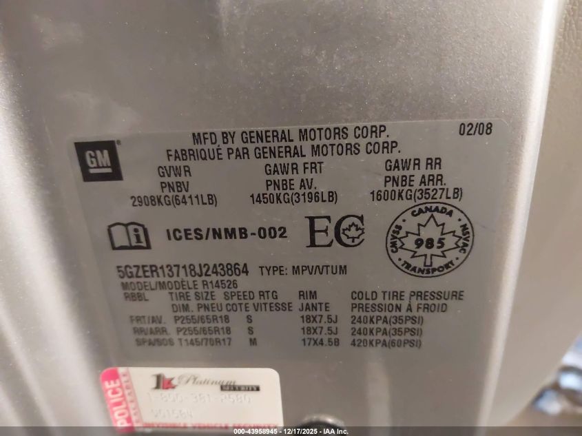 2008 Saturn Outlook Xe VIN: 5GZER13718J243864 Lot: 43958945