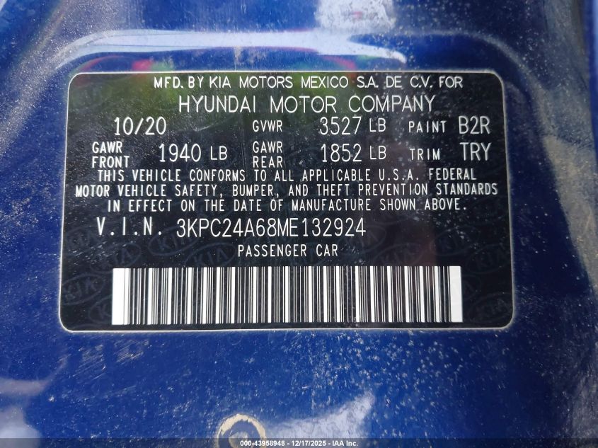 2021 Hyundai Accent Se VIN: 3KPC24A68ME132924 Lot: 43958948