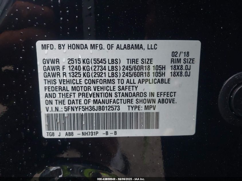 2018 Honda Pilot Ex VIN: 5FNYF5H36JB012573 Lot: 43958949