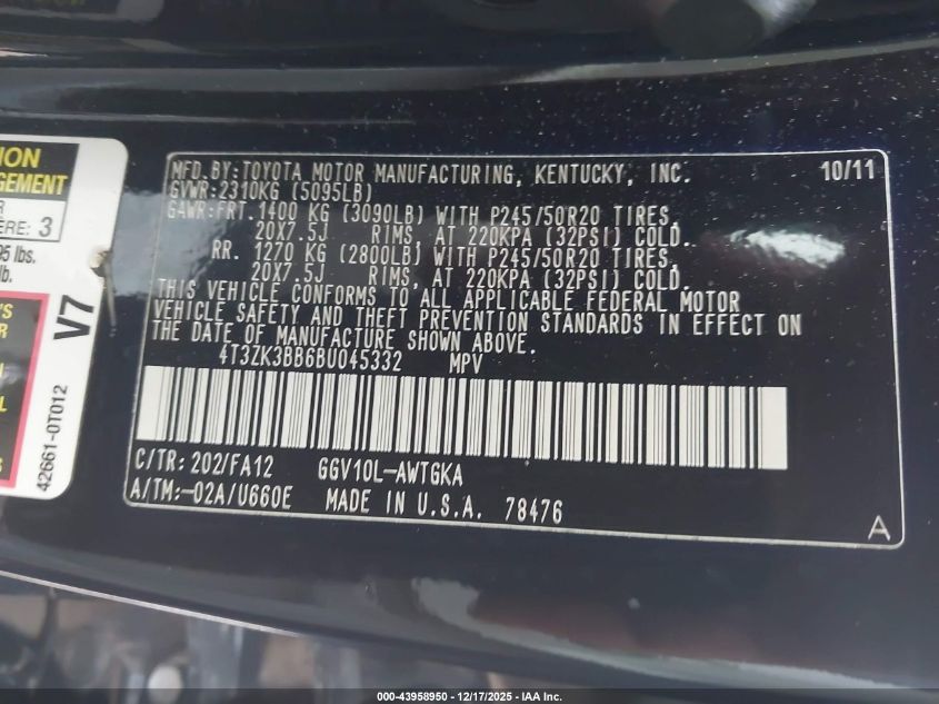 2011 Toyota Venza VIN: 4T3ZK3BB6BU45332 Lot: 43958950