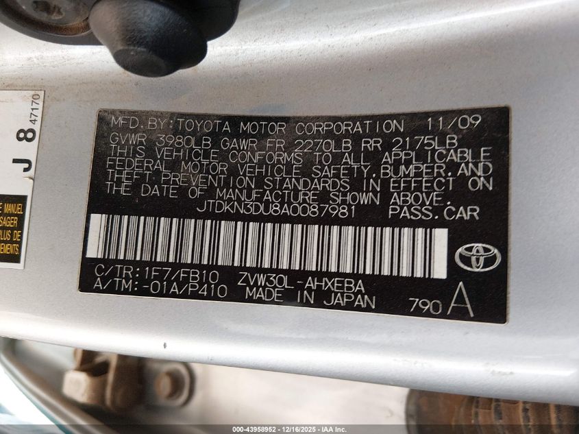 2010 Toyota Prius Iii VIN: JTDKN3DU8A0087981 Lot: 43958952