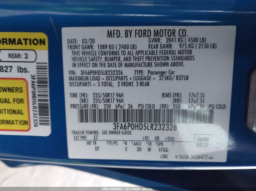 2020 Ford Fusion Se VIN: 3FA6P0HD5LR232326 Lot: 43958953