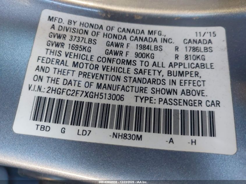 2016 Honda Civic Ex VIN: 2HGFC2F7XGH513006 Lot: 43958956