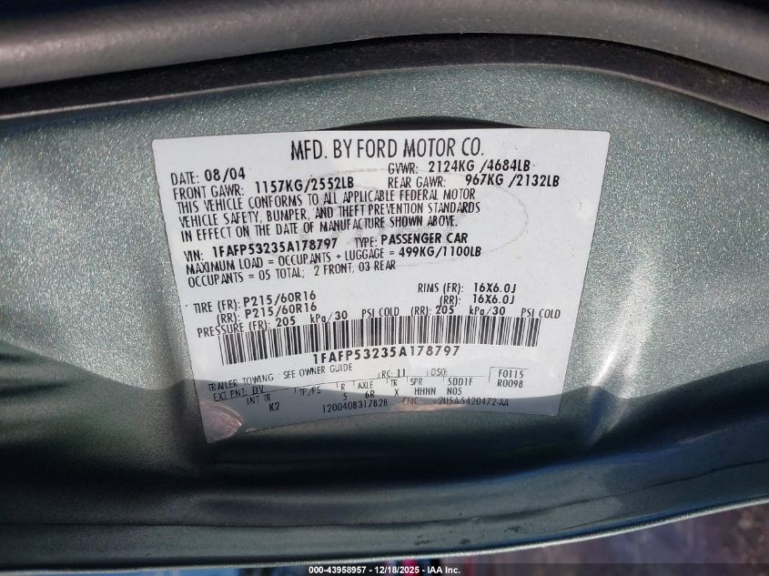 2005 Ford Taurus Se VIN: 1FAFP53235A178797 Lot: 43958957