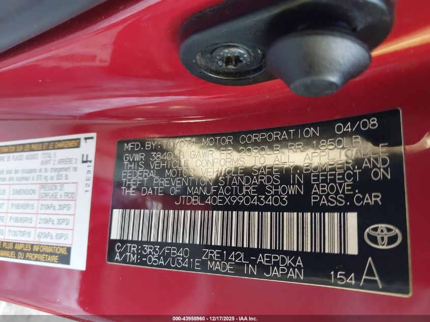 2009 Toyota Corolla Le VIN: JTDBL40EX99043403 Lot: 43958960