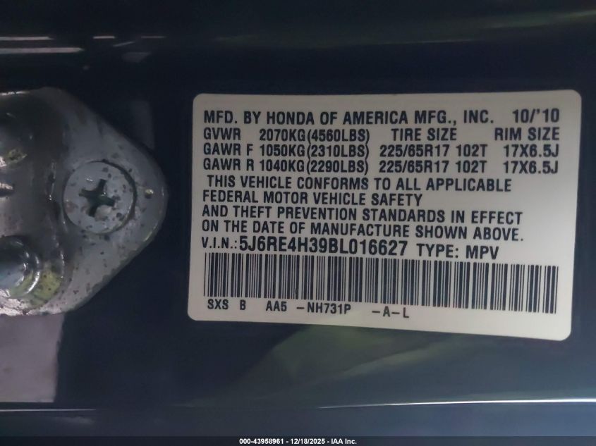 2011 Honda Cr-V Lx VIN: 5J6RE4H39BL016627 Lot: 43958961
