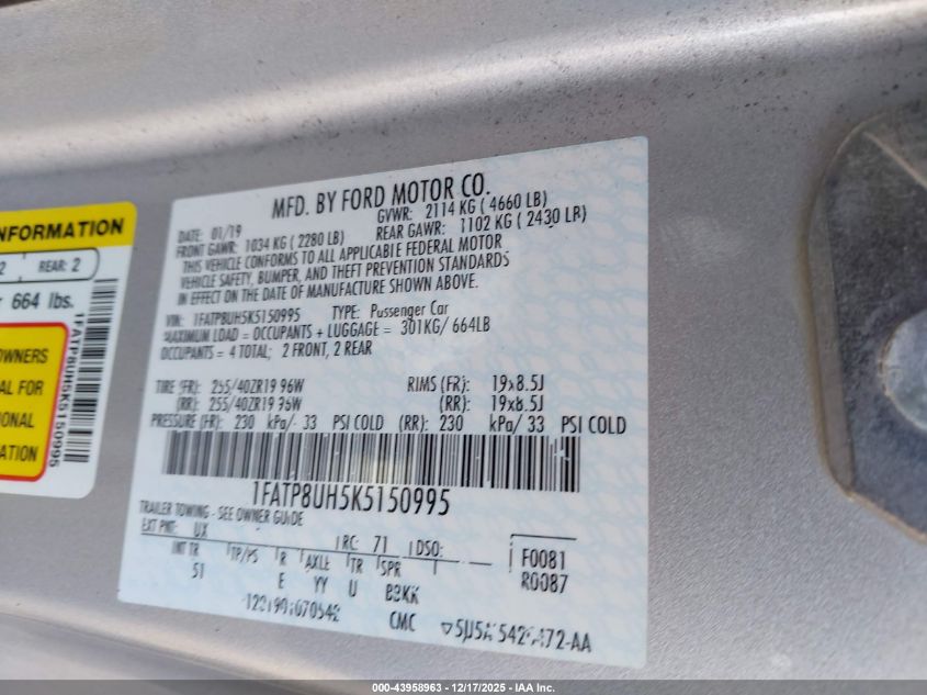2019 Ford Mustang Ecoboost Premium VIN: 1FATP8UH5K5150995 Lot: 43958963
