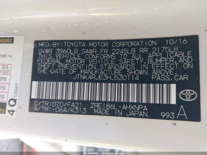 2017 Toyota Corolla Im VIN: JTNKARJE3HJ530114 Lot: 43958965