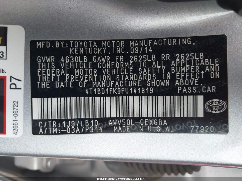 2015 Toyota Camry Hybrid Xle VIN: 4T1BD1FK9FU141819 Lot: 43958968