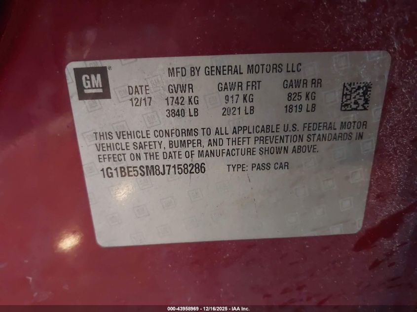 2018 Chevrolet Cruze Lt Auto VIN: 1G1BE5SM8J7158286 Lot: 43958969