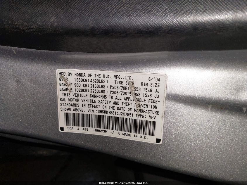 2004 Honda Cr-V Ex VIN: SHSRD78814U247851 Lot: 43958971