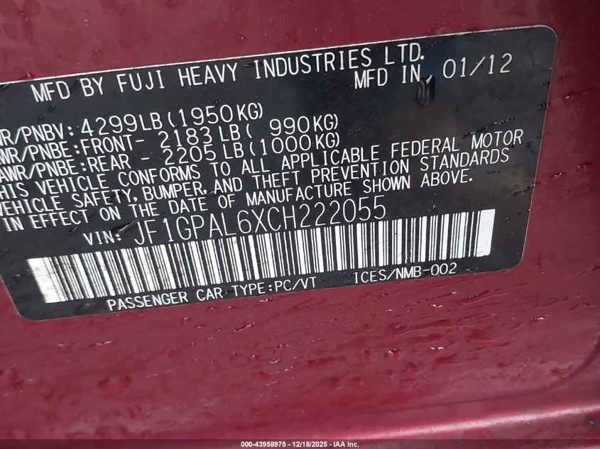 2012 Subaru Impreza 2.0I Sport Premium VIN: JF1GPAL6XCH222055 Lot: 43958975
