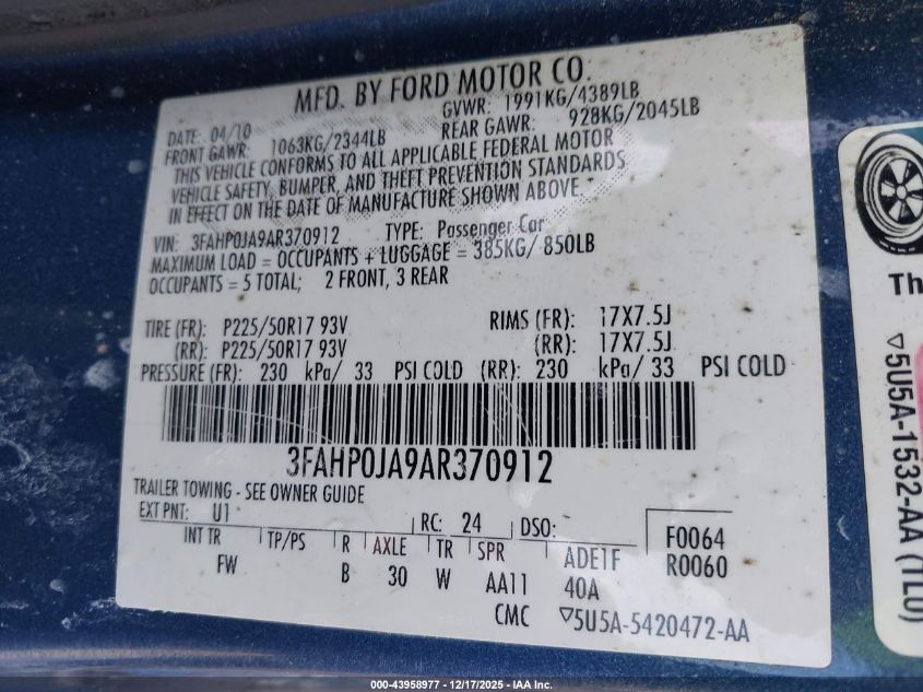 2010 Ford Fusion Sel VIN: 3FAHP0JA9AR370912 Lot: 43958977