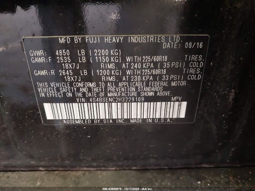 2017 Subaru Outback 3.6R Limited VIN: 4S4BSENC2H3229109 Lot: 43958979