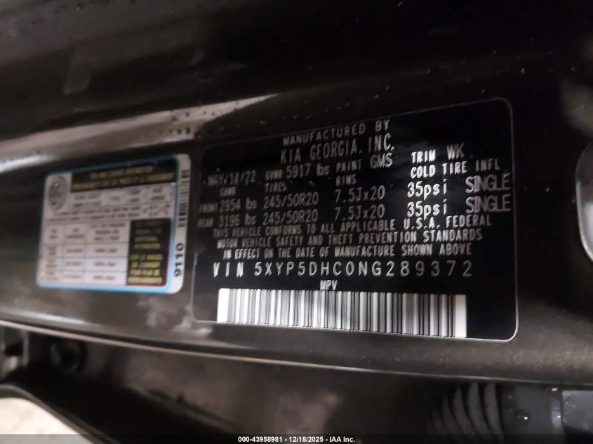 2022 Kia Telluride Sx VIN: 5XYP5DHC0NG289372 Lot: 43958981