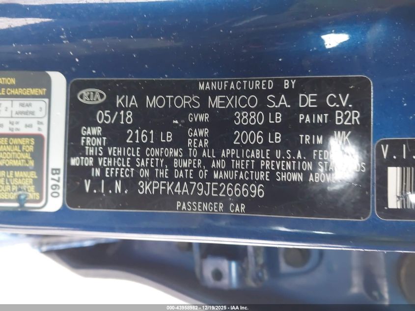 2018 Kia Forte Lx VIN: 3KPFK4A79JE266696 Lot: 43958982