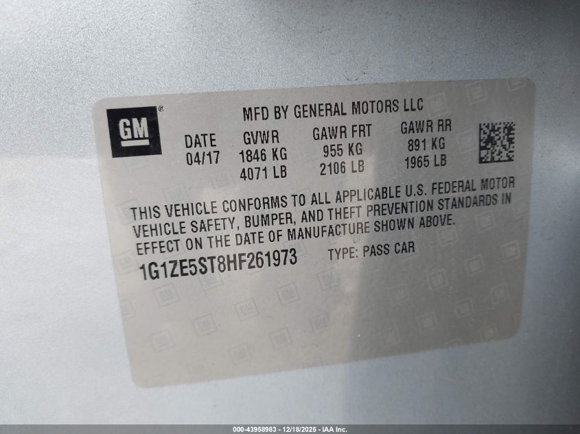 2017 Chevrolet Malibu 1Lt VIN: 1G1ZE5ST8HF261973 Lot: 43958983