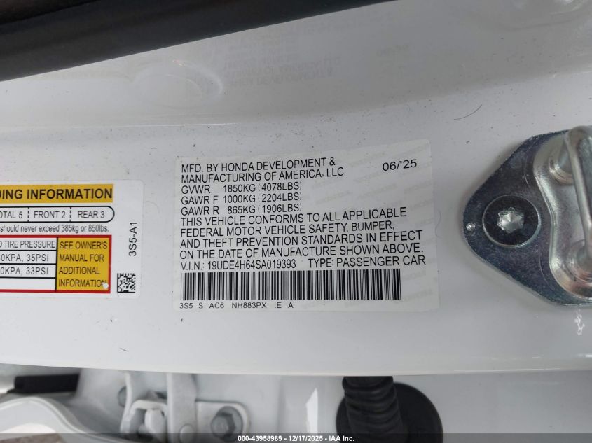 2025 Acura Integra A-Spec Technology VIN: 19UDE4H64SA019393 Lot: 43958989