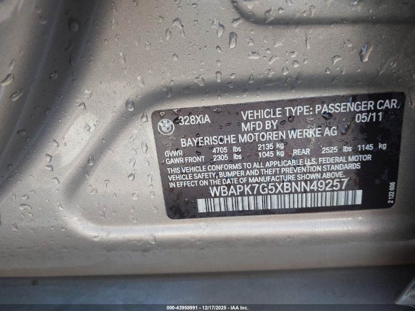 2011 BMW 328I xDrive VIN: WBAPK7G5XBNN49257 Lot: 43958991