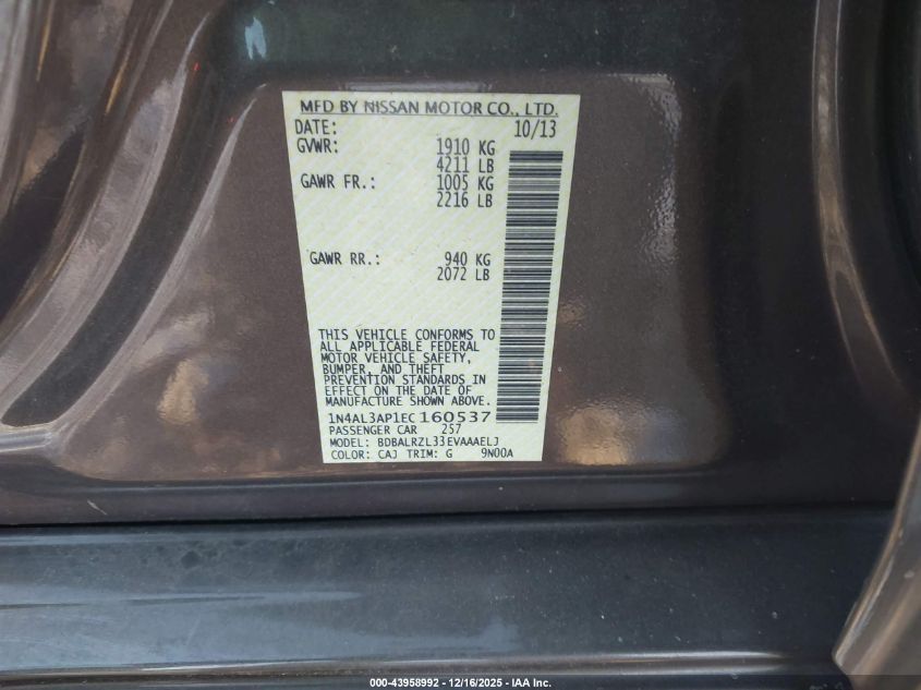 2014 Nissan Altima 2.5 S VIN: 1N4AL3AP1EC160537 Lot: 43958992