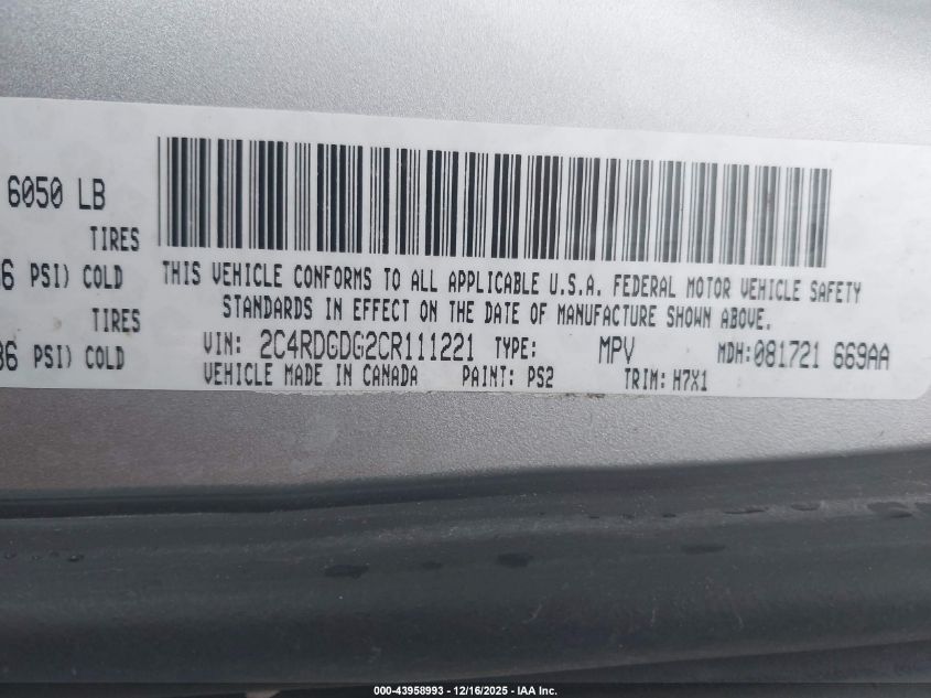2012 Dodge Grand Caravan Crew VIN: 2C4RDGDG2CR111221 Lot: 43958993