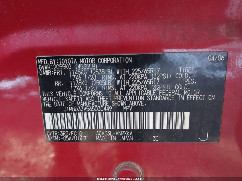 2006 Toyota Rav4 VIN: JTMBD33V565030449 Lot: 43958994