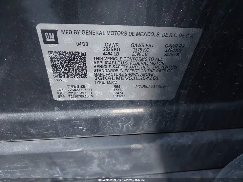 2018 GMC Terrain Sle VIN: 3GKALMEV5JL354161 Lot: 43958999