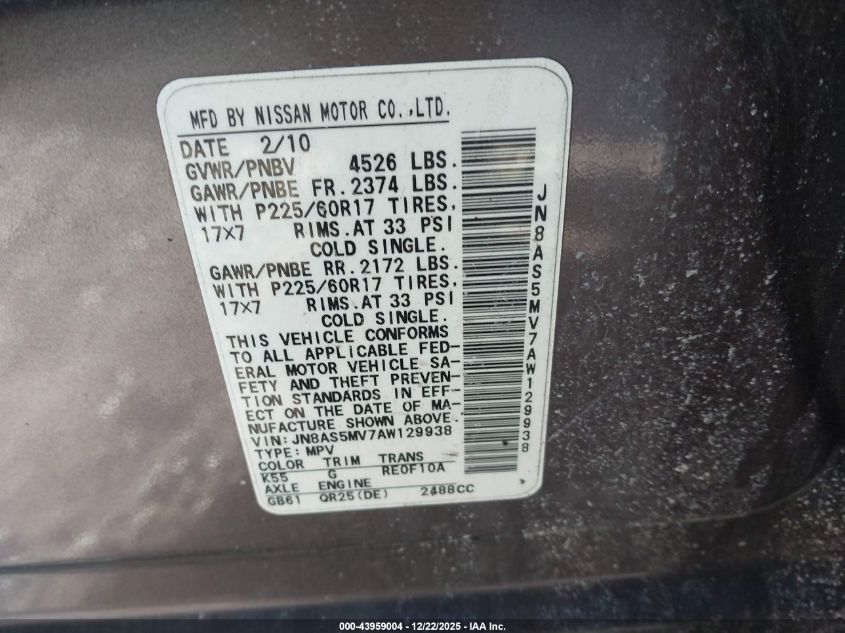 2010 Nissan Rogue Sl VIN: JN8AS5MV7AW129938 Lot: 43959004