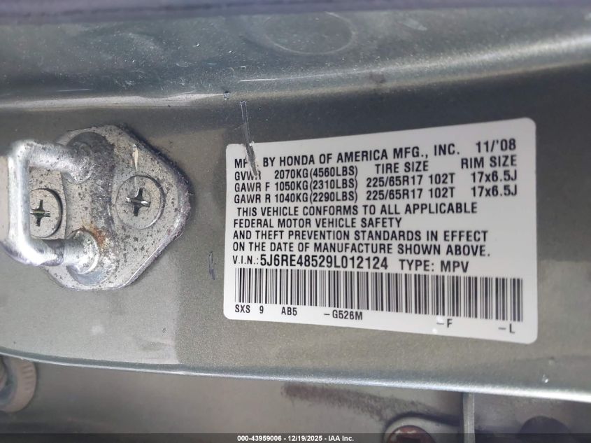 2009 Honda Cr-V Ex VIN: 5J6RE48529L012124 Lot: 43959006