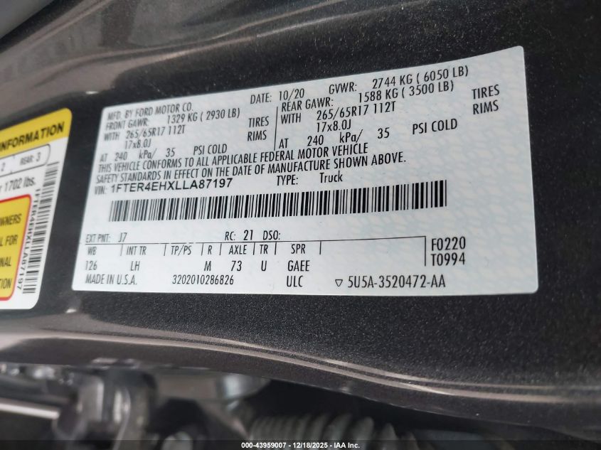 2020 Ford Ranger Xlt VIN: 1FTER4EHXLLA87197 Lot: 43959007