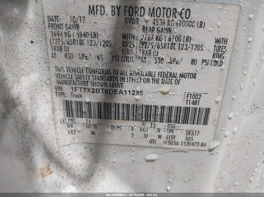 2014 Ford F-250 Lariat/Xl/Xlt VIN: 1FT7X2BTDEA11235 Lot: 43959011