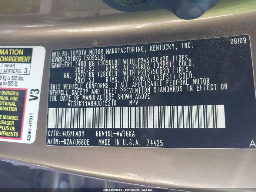 2009 Toyota Venza Base V6 VIN: 4T3ZK11A89U015210 Lot: 43959013