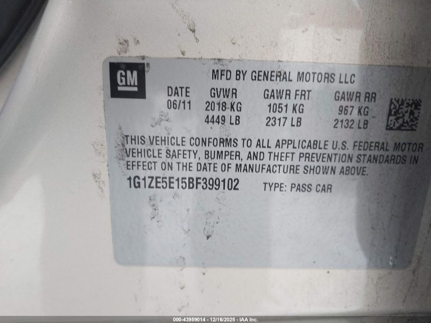 2011 Chevrolet Malibu Ltz VIN: 1G1ZE5E15BF399102 Lot: 43959014