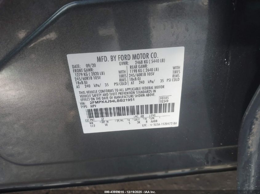 2020 Ford Edge Sel VIN: 2FMPK4J94LBB21951 Lot: 43959015