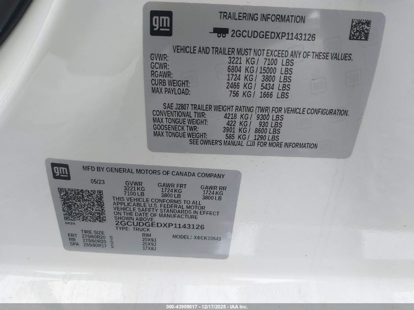 2023 Chevrolet Silverado 1500 Ltz VIN: 2GCUDGEDXP1143126 Lot: 43959017