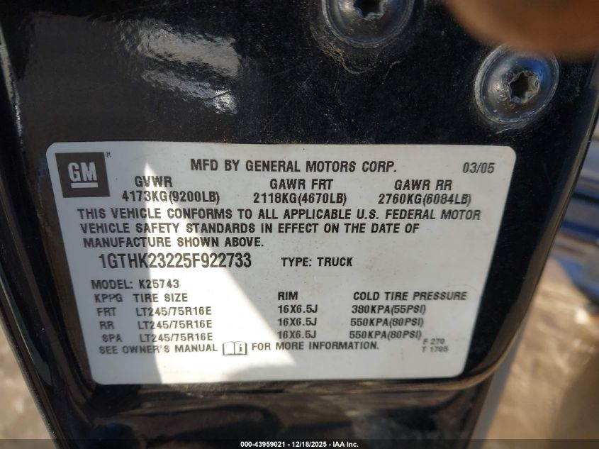 2005 GMC Sierra 2500Hd Slt VIN: 1GTHK23225F922733 Lot: 43959021