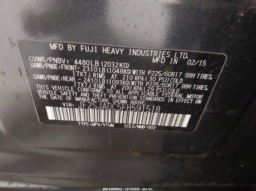 2015 Subaru Forester 2.5I Premium VIN: JF2SJADC5FH591518 Lot: 43959022
