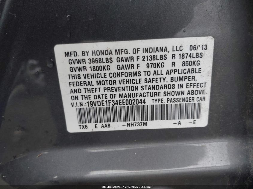 2014 Acura Ilx 2.0L VIN: 19VDE1F34EE002044 Lot: 43959023