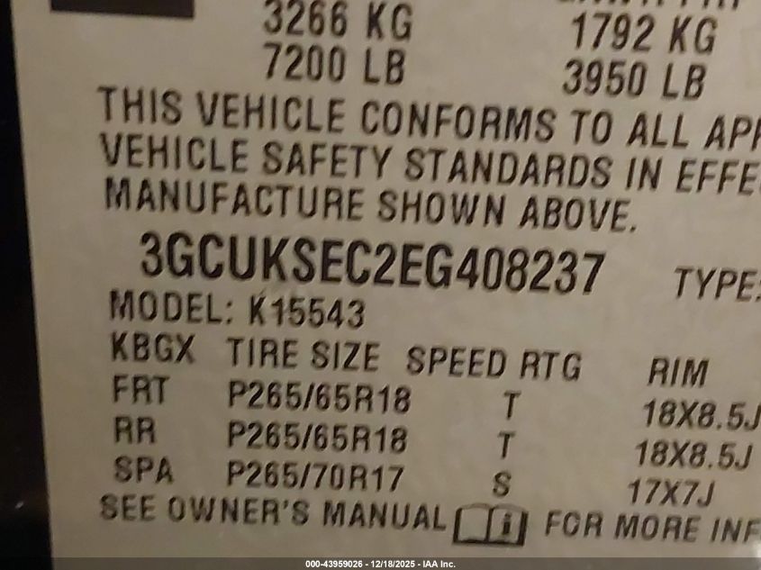 2014 Chevrolet Silverado 1500 1Lz VIN: 3GCUKSEC2EG408237 Lot: 43959026