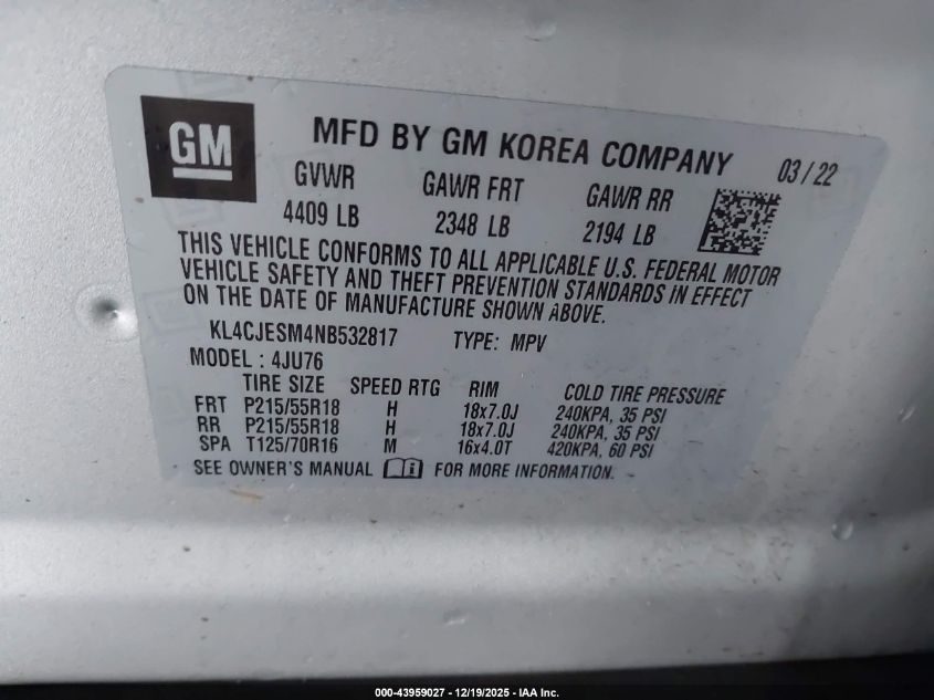 2022 Buick Encore Awd Preferred VIN: KL4CJESM4NB532817 Lot: 43959027