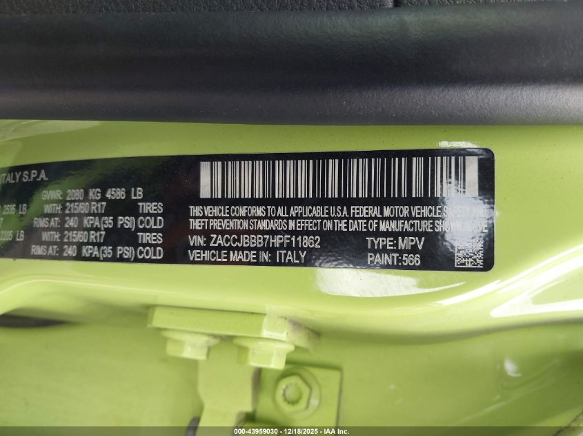 2017 Jeep Renegade Latitude 4X4 VIN: ZACCJBBB7HPF11862 Lot: 43959030