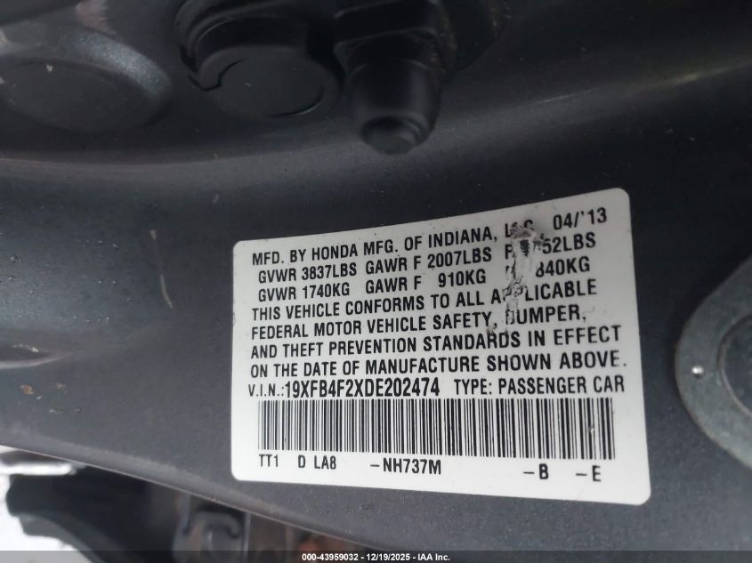 2013 Honda Civic Hybrid VIN: 19XFB4F2XDE202474 Lot: 43959032